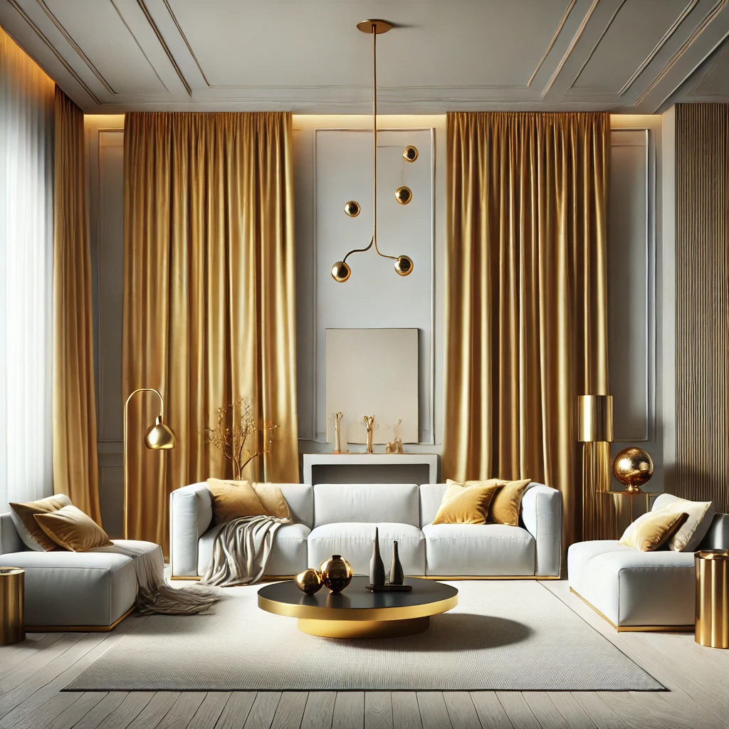10 Living Room Designs Decorated with Luxurious Gold Velvet Curtains
