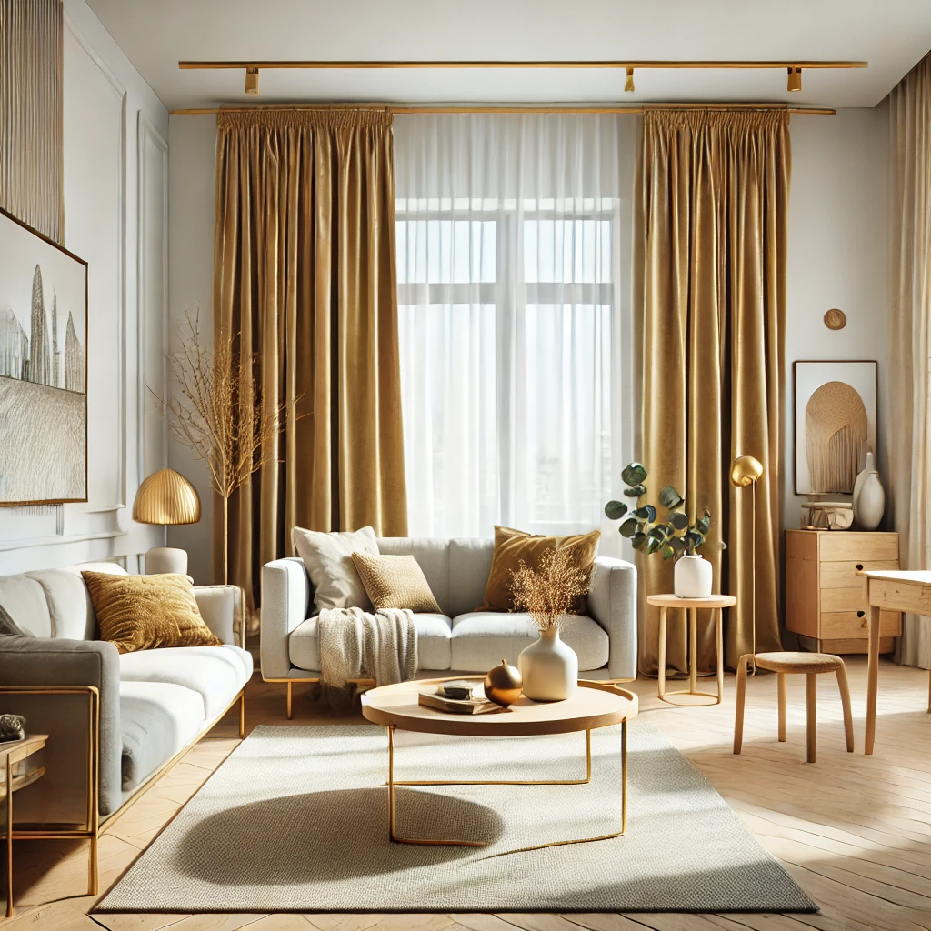 10 Living Room Designs Decorated with Luxurious Gold Velvet Curtains
